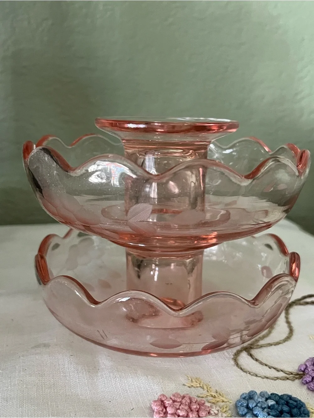 Cambridge Glass Pink Dome Candlestick Holders Etched Elegant Depression Glass